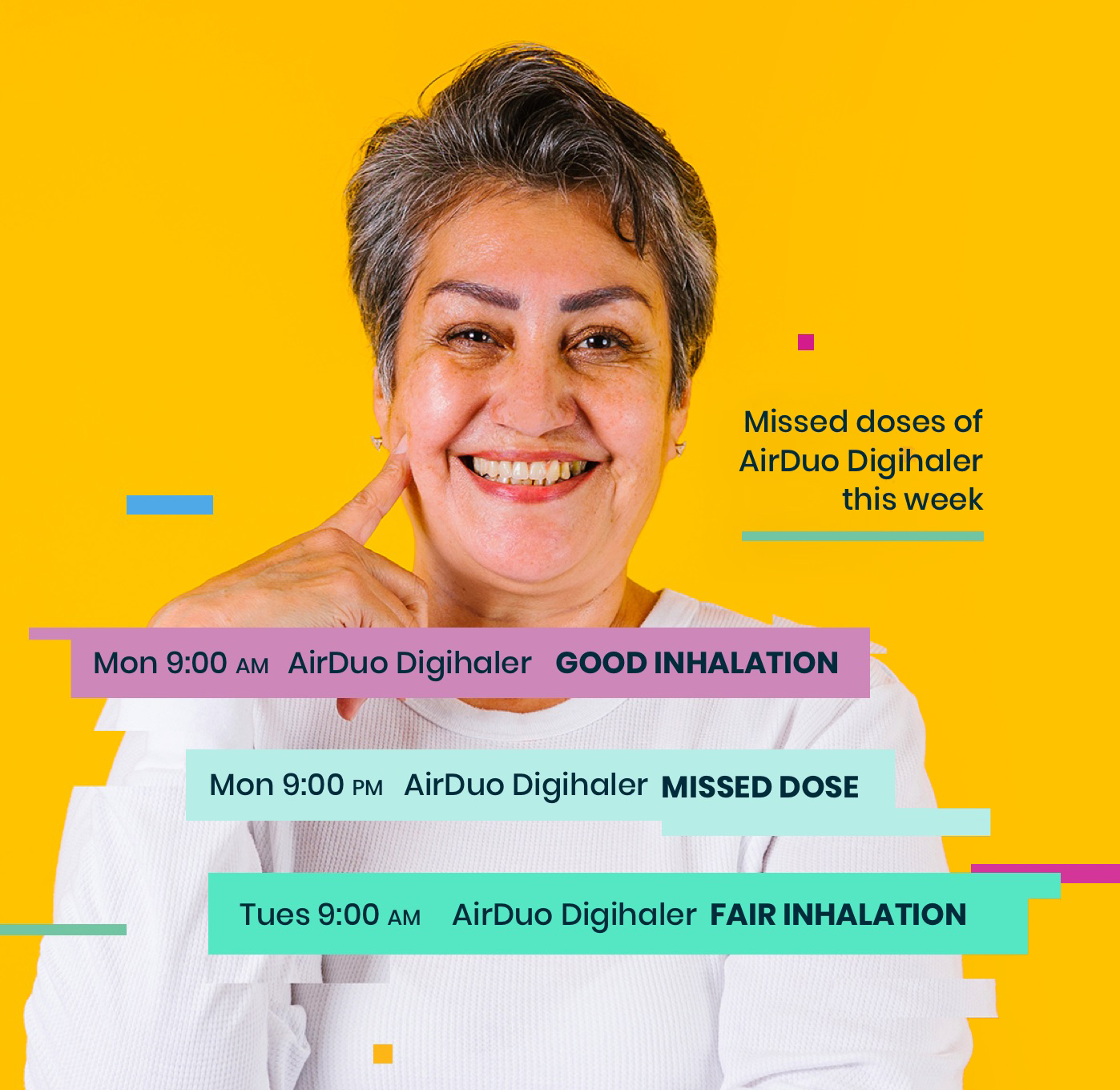 Woman on a yellow background, her AirDuo Digihaler data story is displayed