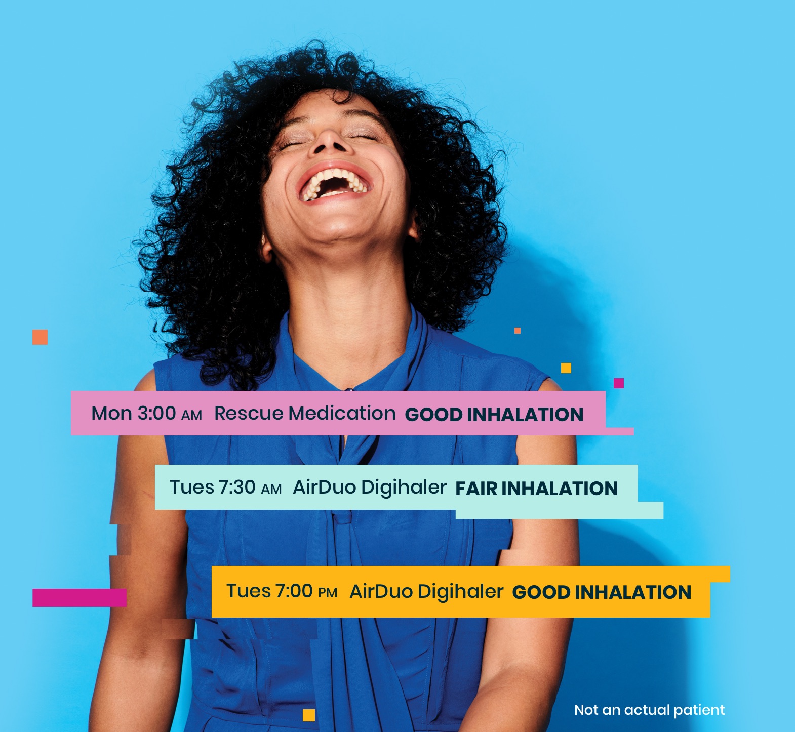 Woman laughing on a blue background, her Digihaler data story is displayed