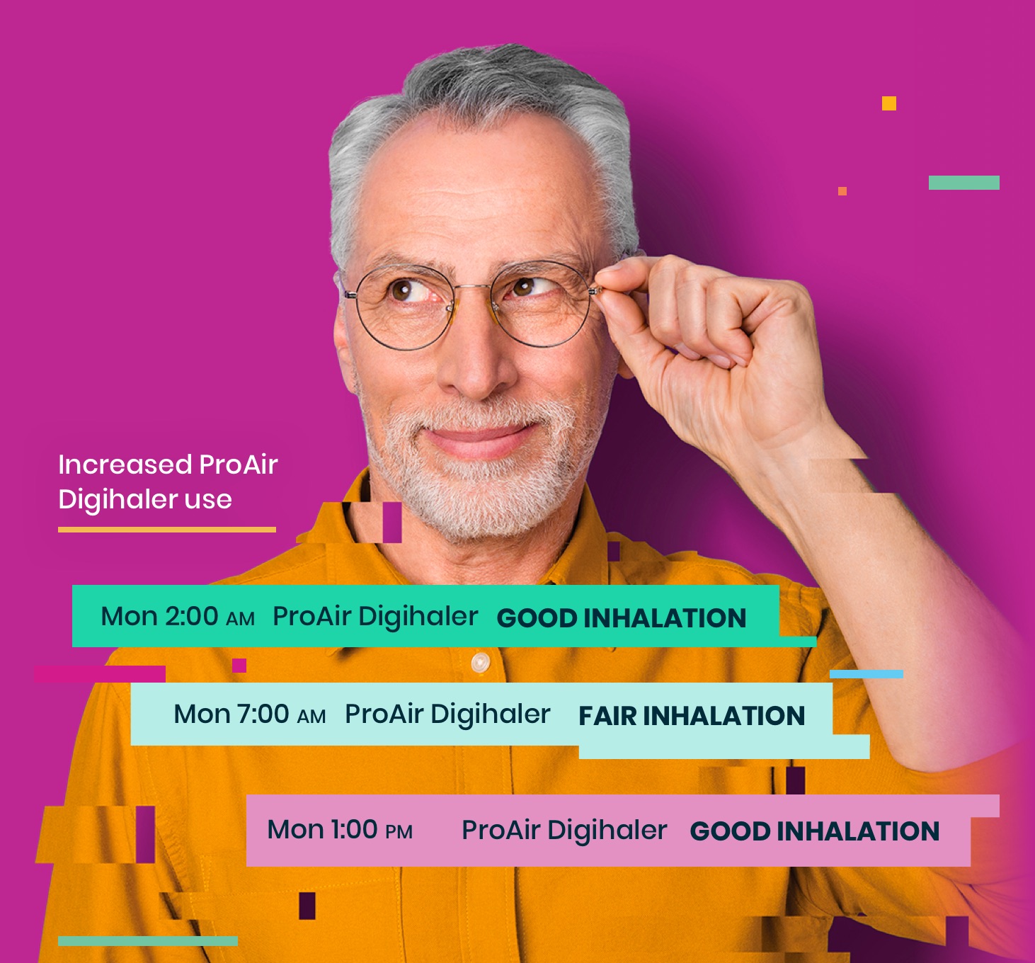 Man on a pink background, his ProAir Digihaler data story is displayed